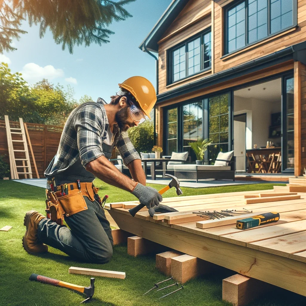 A worker building a deck in the backyard of a house. The backyard is lush with green grass and a few trees. The worker is wearing a hard hat, safety